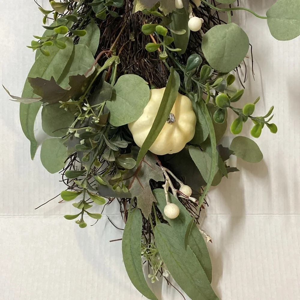 Hobby Lobby fall pumpkin and‎ pine cone Buffalo flannel ribbon teardrop wreath